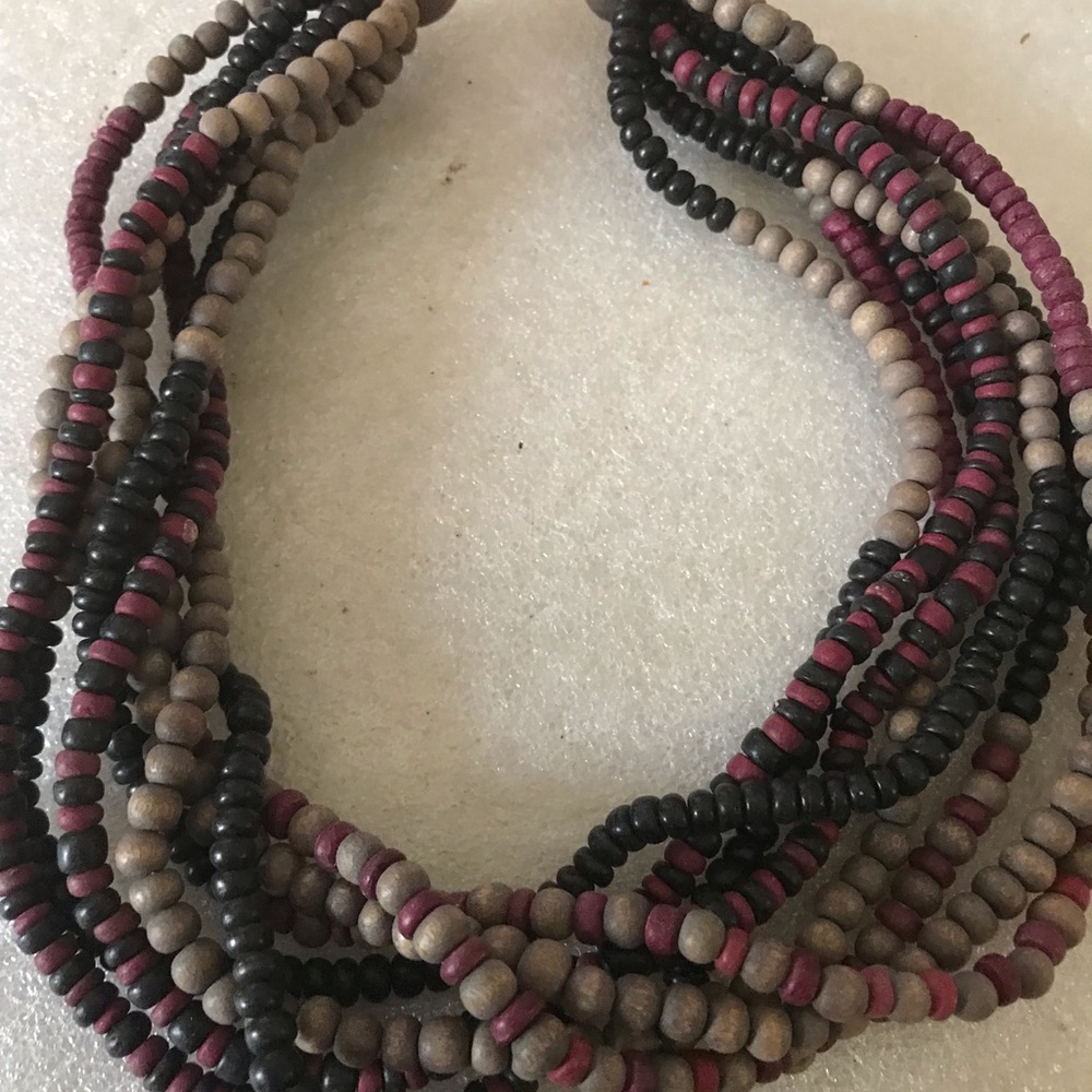 Multi-Strand Beaded Necklace in Black, Taupe and Berry